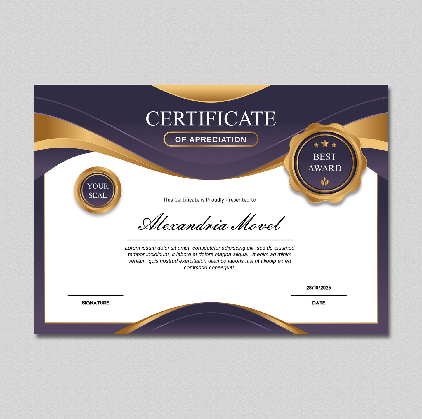 Luxury Purple and Gold Certificate Template – Editable Modern Canva Design for Achievement, Award, Completion & Training