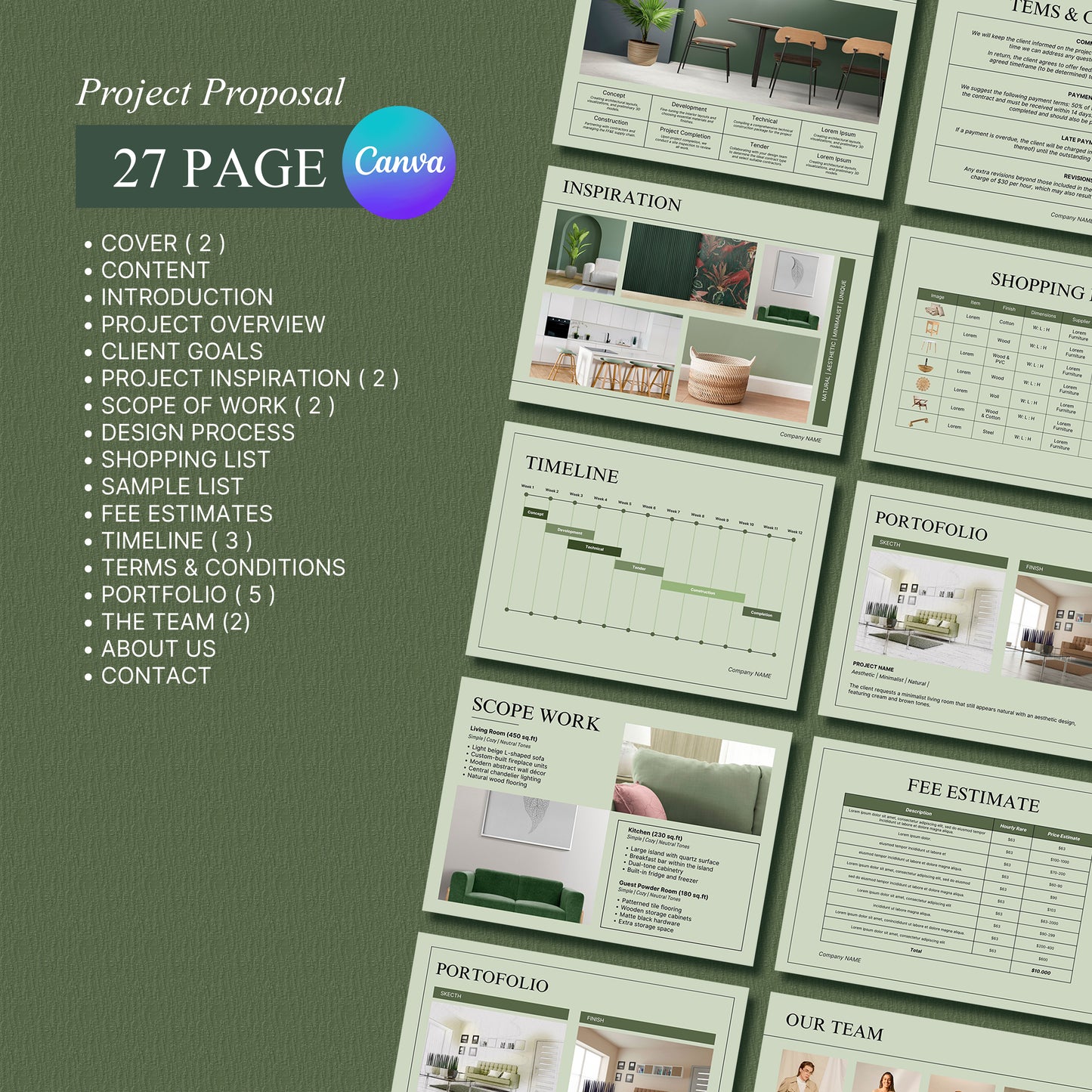 Bundle Sage Interior Design Presentation Template – Includes Project Proposal, FF&E Schedule, Editable in PowerPoint & Canva