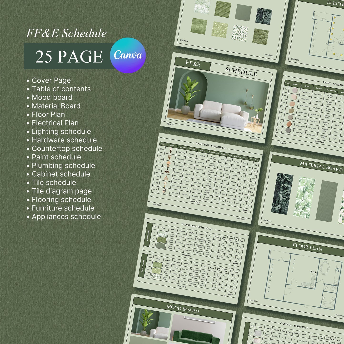 Bundle Sage Interior Design Presentation Template – Includes Project Proposal, FF&E Schedule, Editable in PowerPoint & Canva