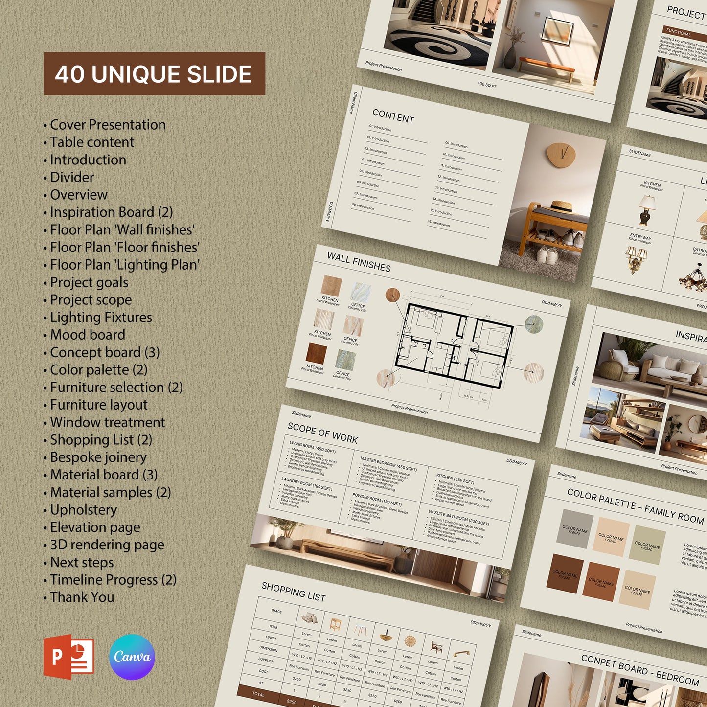 Bundle Interior Design Presentation Template – Includes Project Proposal, FF&E Schedule, Editable in PowerPoint & Canva