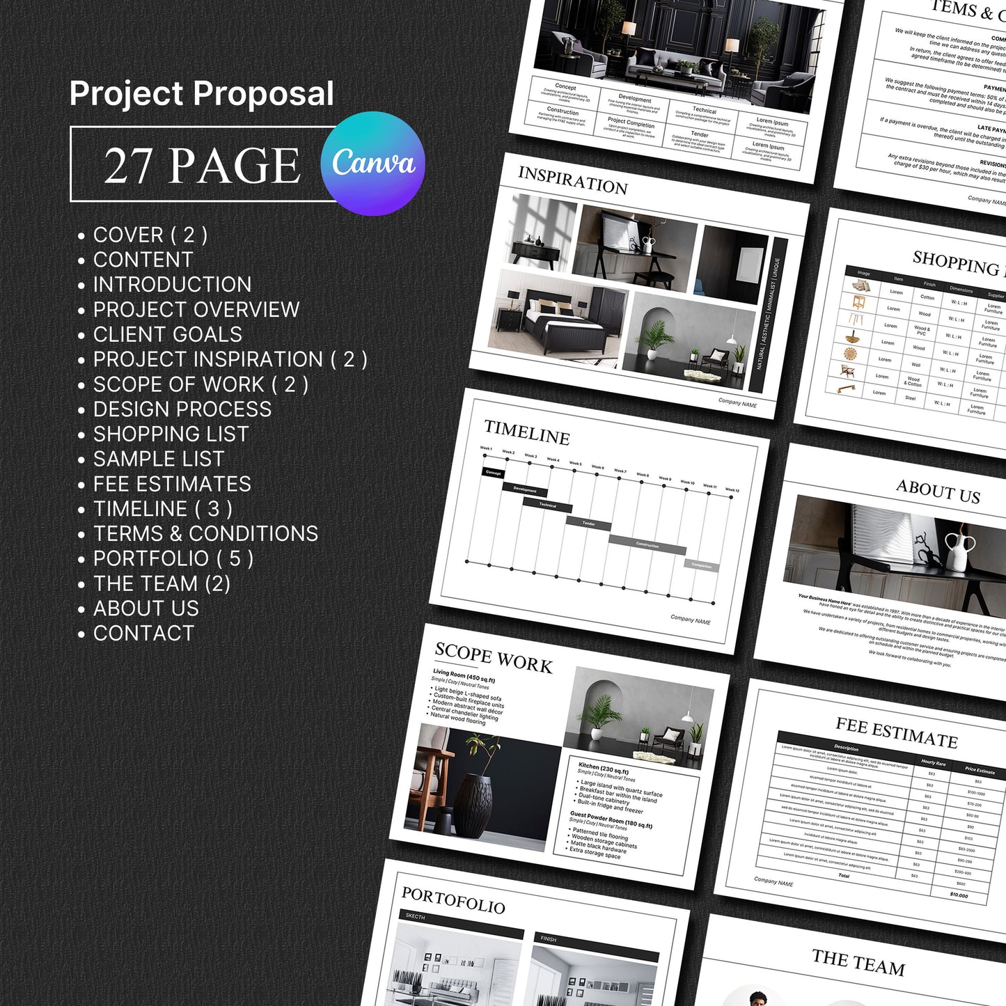 Bundle Clean Interior Design Presentation Template – Includes Project Proposal, FF&E Schedule, Editable in PowerPoint & Canva