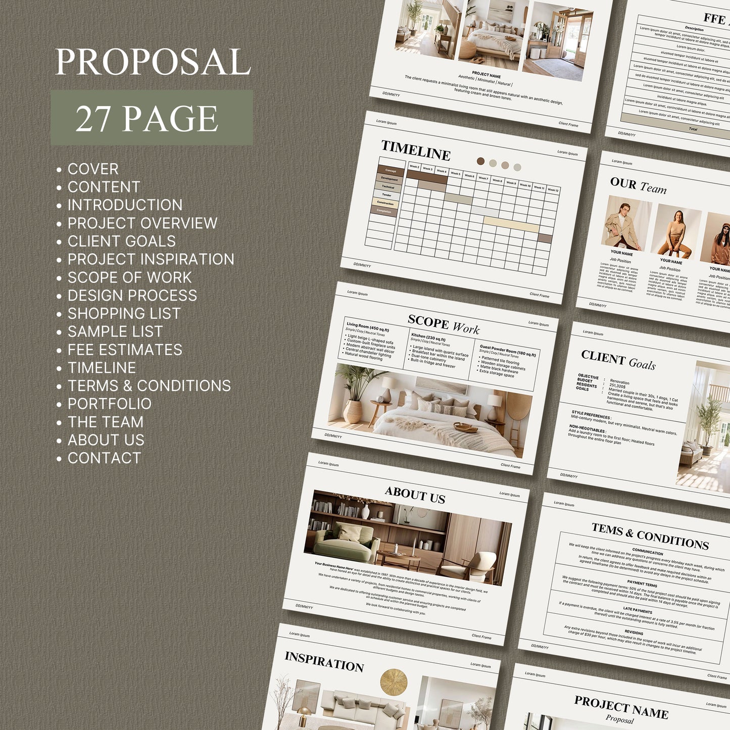 Bundle Interior Design Presentation Template – Includes Project Proposal, FF&E Schedule, Editable in PowerPoint & Canva