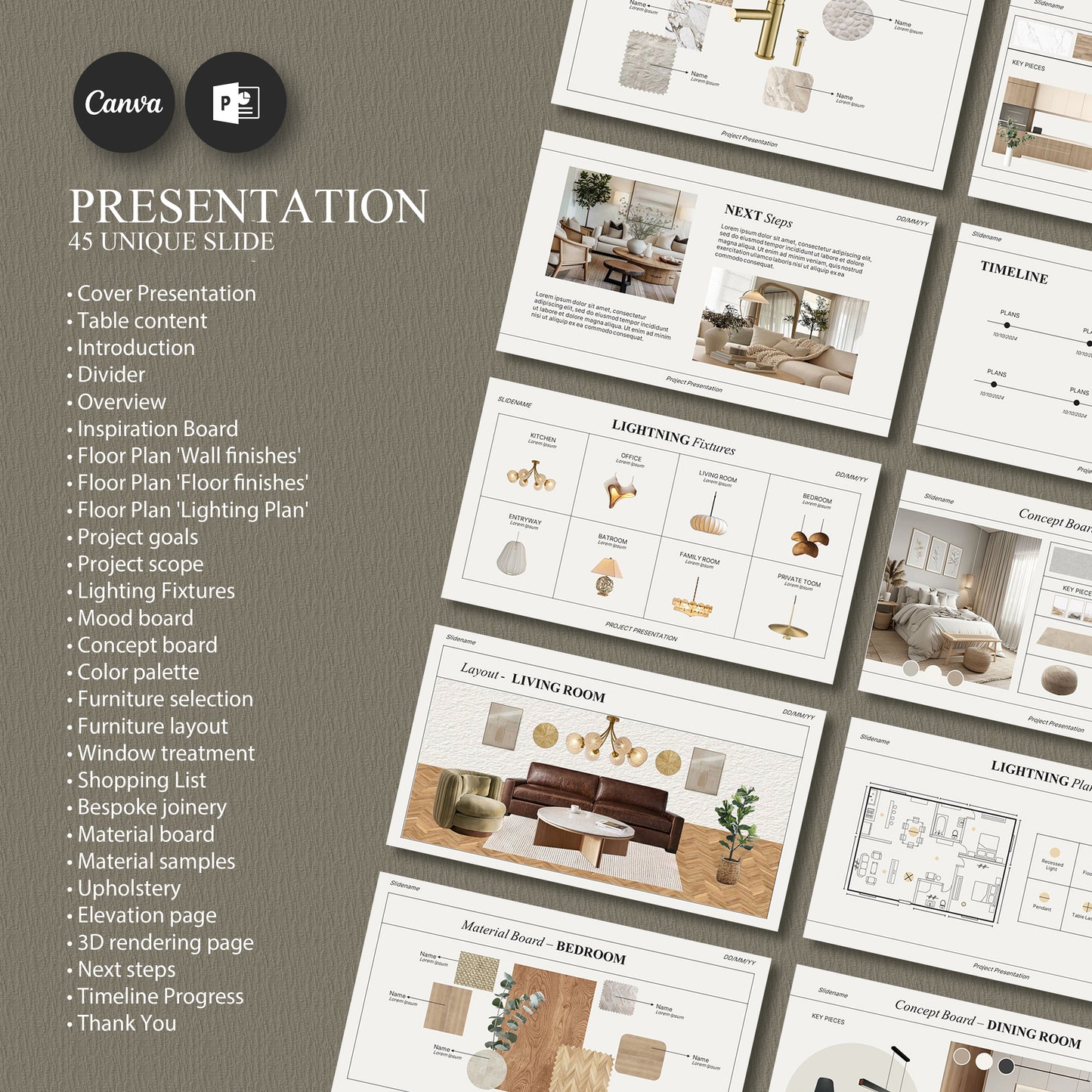 Bundle Interior Design Presentation Template – Includes Project Proposal, FF&E Schedule, Editable in PowerPoint & Canva