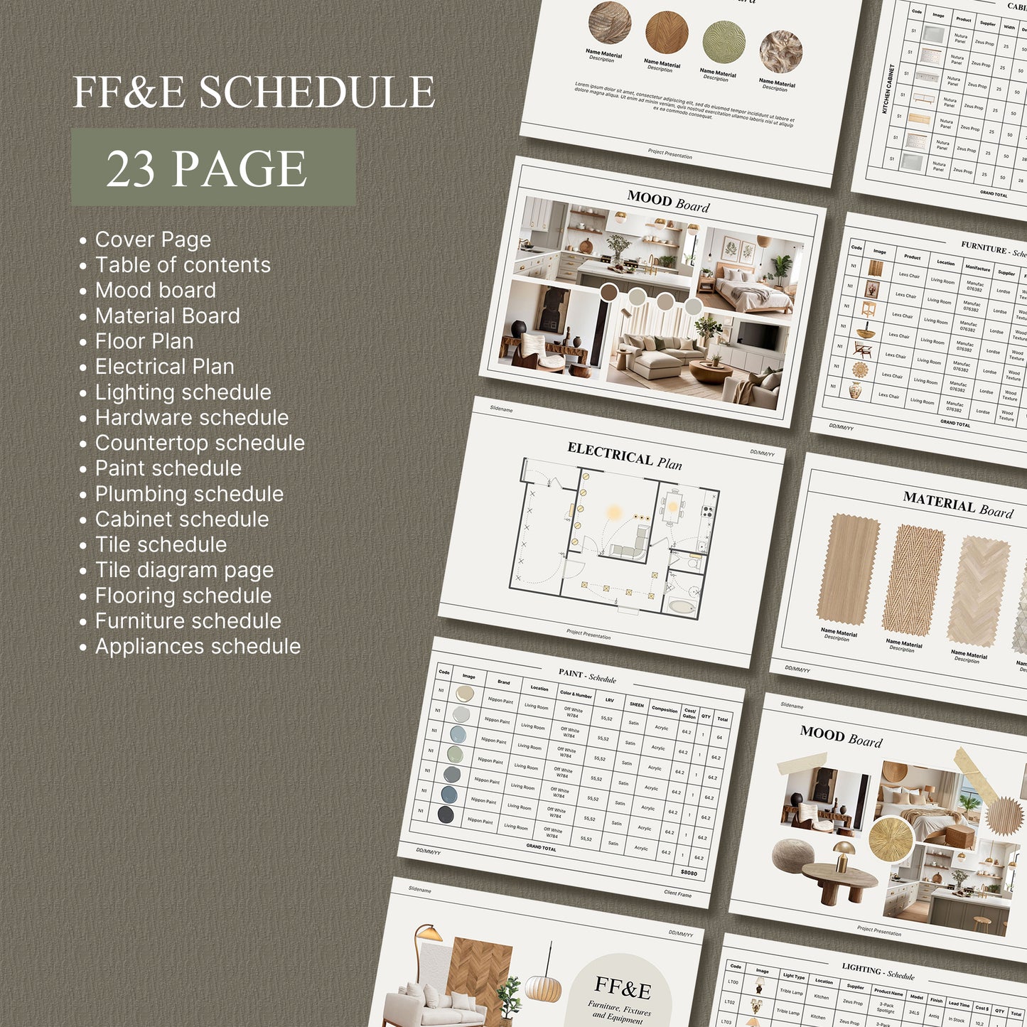 Bundle Interior Design Presentation Template – Includes Project Proposal, FF&E Schedule, Editable in PowerPoint & Canva