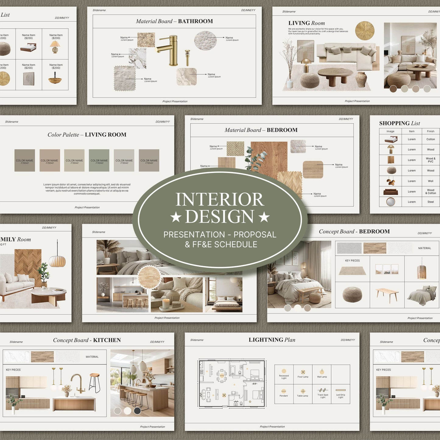 Bundle Interior Design Presentation Template – Includes Project Proposal, FF&E Schedule, Editable in PowerPoint & Canva