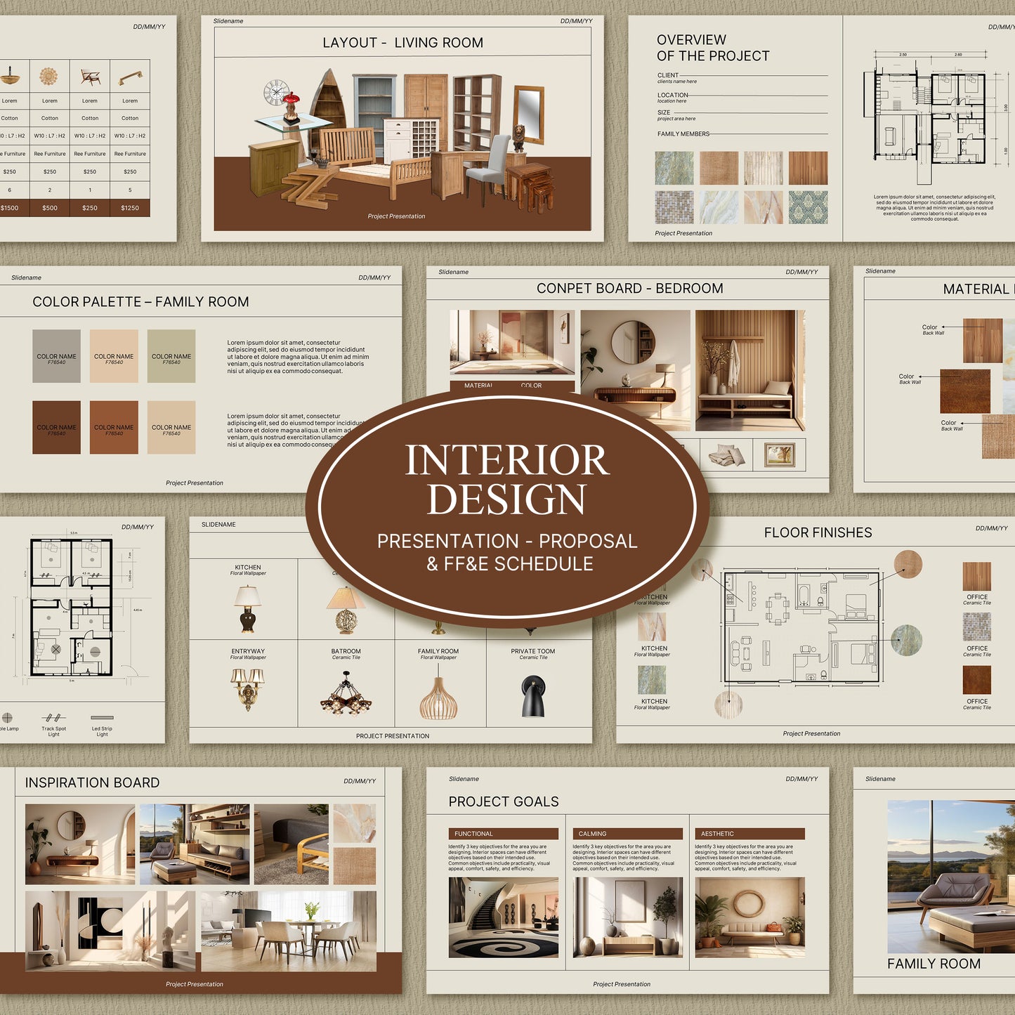 Bundle Interior Design Presentation Template – Includes Project Proposal, FF&E Schedule, Editable in PowerPoint & Canva