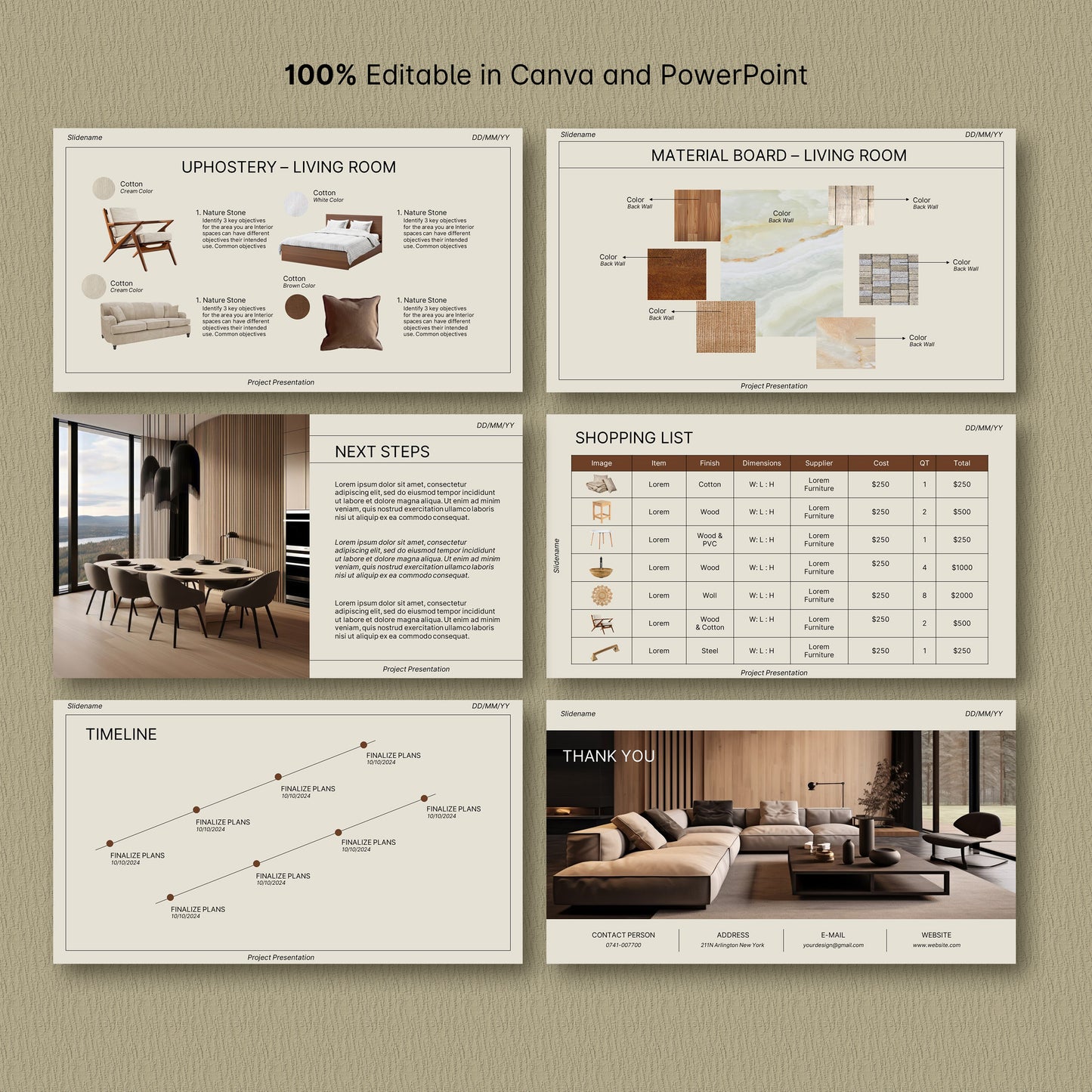 Bundle Interior Design Presentation Template – Includes Project Proposal, FF&E Schedule, Editable in PowerPoint & Canva