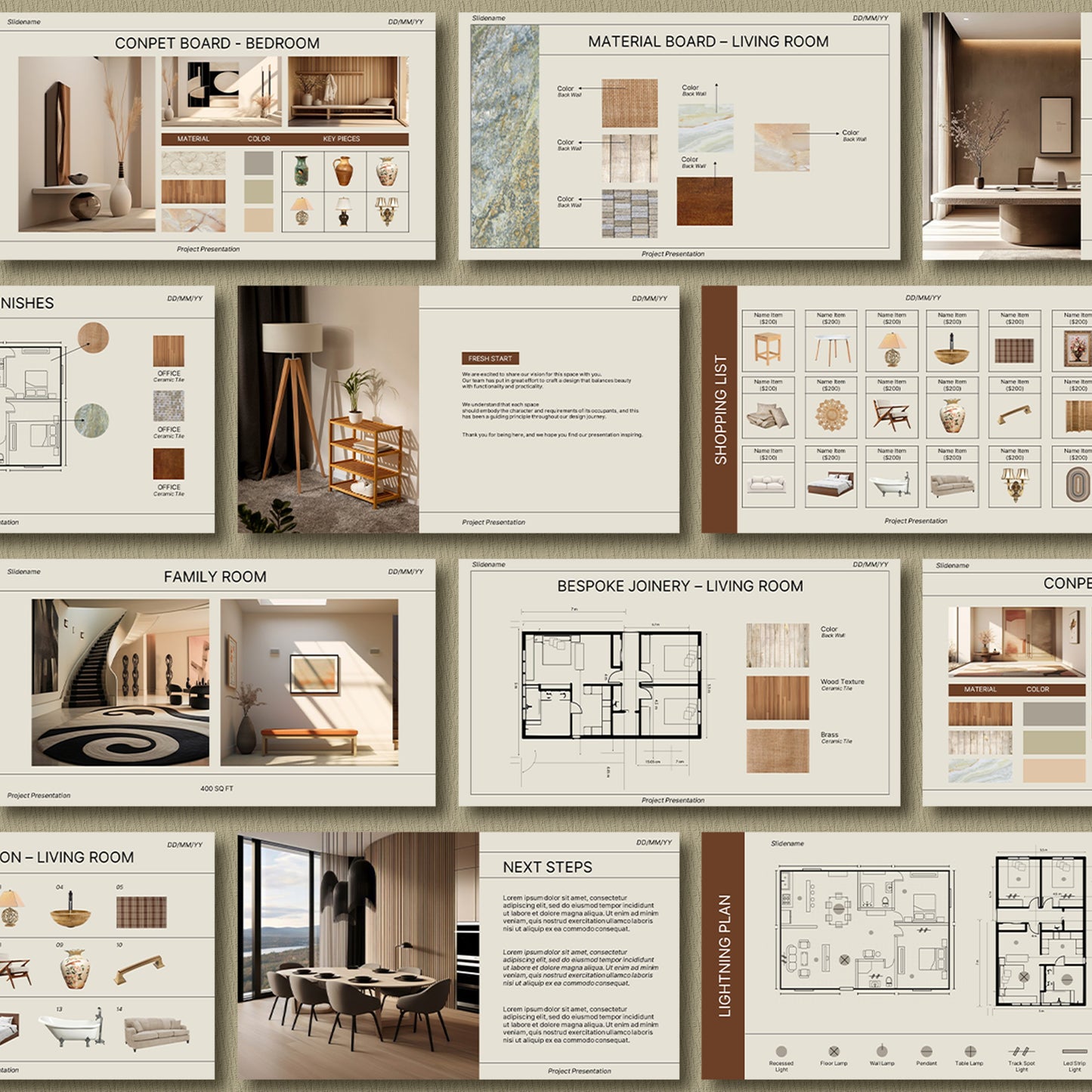 Bundle Interior Design Presentation Template – Includes Project Proposal, FF&E Schedule, Editable in PowerPoint & Canva