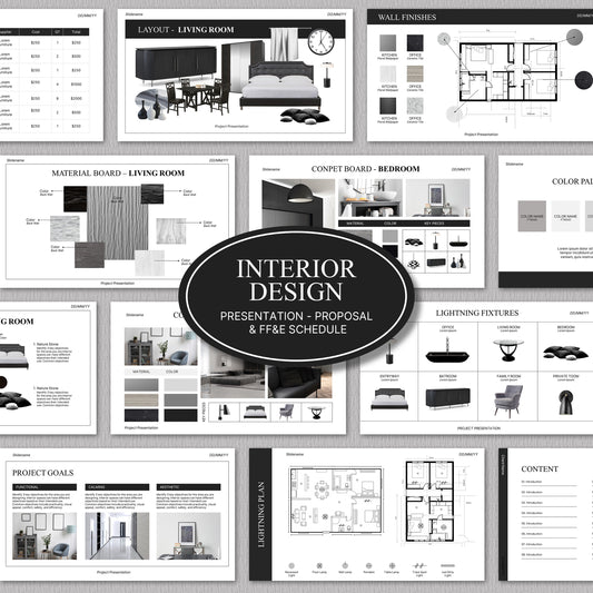 Bundle Clean Interior Design Presentation Template – Includes Project Proposal, FF&E Schedule, Editable in PowerPoint & Canva