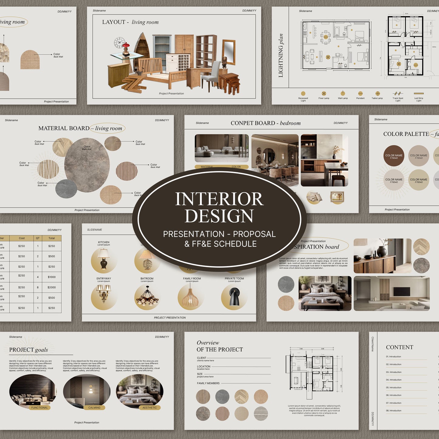 Bundle Simple Interior Design Presentation Template – Includes Project Proposal, FF&E Schedule, Editable in PowerPoint & Canva